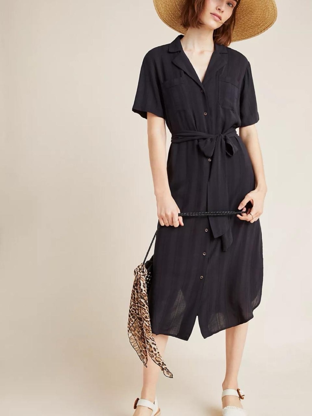 Maeve Aria Black Button-Front Tie-Waist Shirt Dress